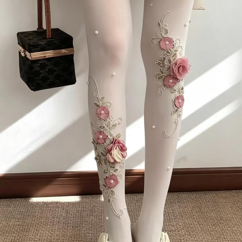 3D Flower Pearl Design Tights