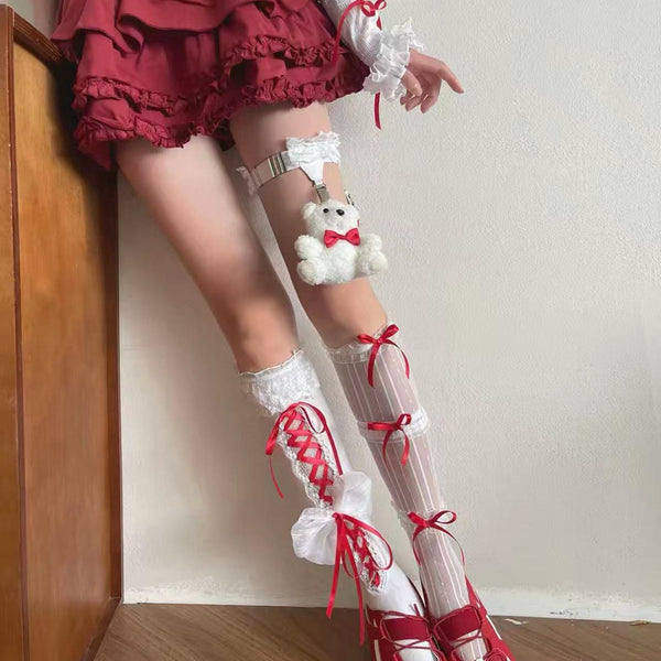 Christmas Outfit: Girly Red Lace Mid-Calf Scrunch Socks with Ribbon Bows
