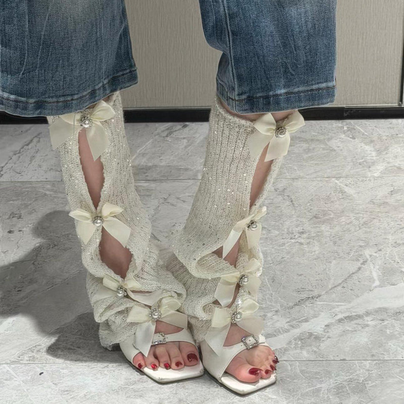 Knitted hollow bow handmade calf socks