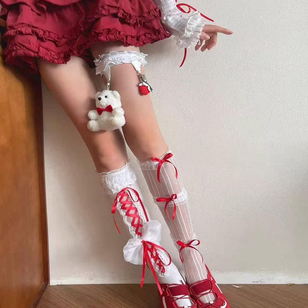 Christmas Outfit: Girly Red Lace Mid-Calf Scrunch Socks with Ribbon Bows