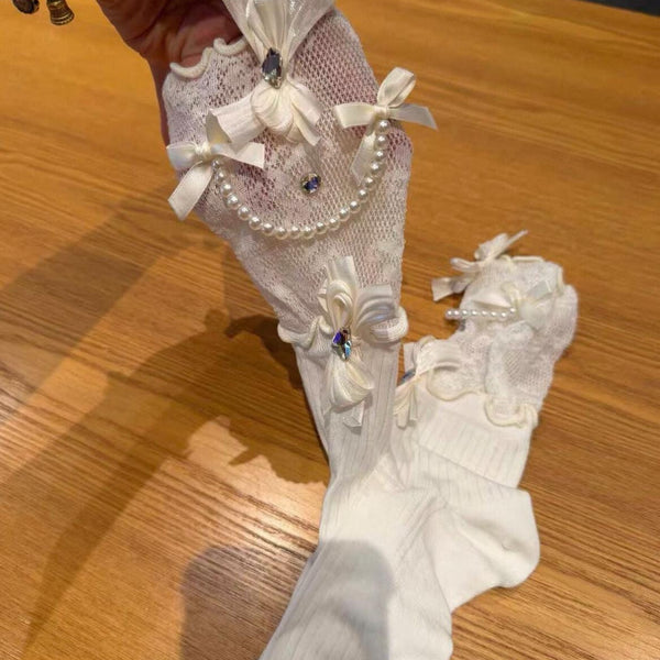 Retro Sweet Style Pearl Chain & Bow Mid-Calf Slouch Socks