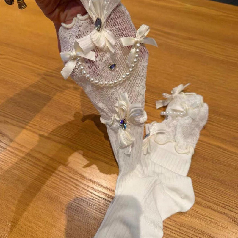 Retro Sweet Style Pearl Chain & Bow Mid-Calf Slouch Socks