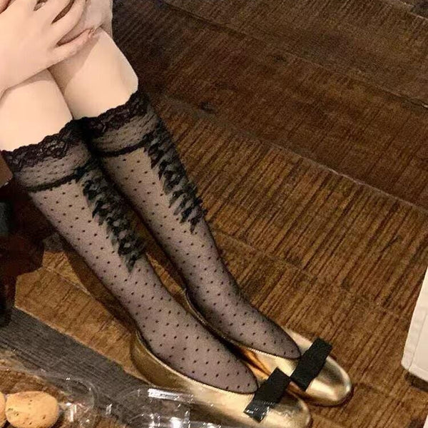 Handmade White Lace Polka Dot Calf Socks with Bow Detail