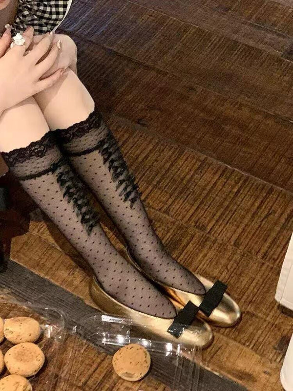 Handmade White Lace Polka Dot Calf Socks with Bow Detail