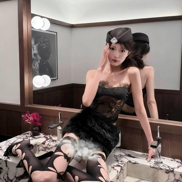 Niche design 3D pearl butterfly lace cute and sexy Lolita mid-high thigh stockings