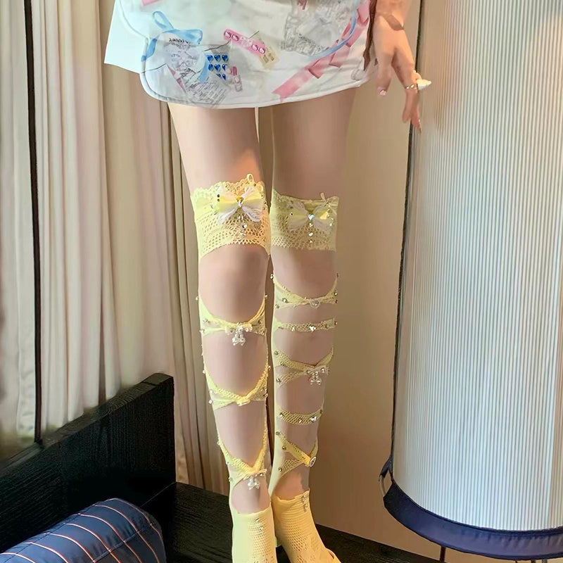Niche design Japanese mesh stockings, long stockings with diamond studded bow, knee high JK socks