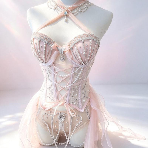 Custom Ballet Girl Rave Outfit – Pearl Embellished Lingerie, Hand-Stitched Rave Wear
