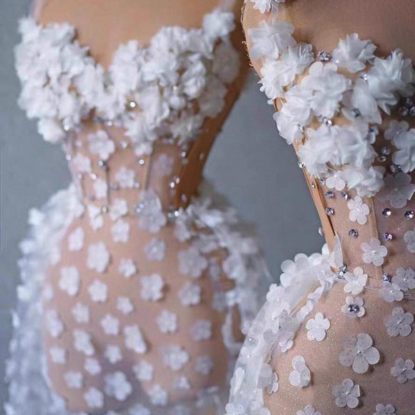 Handmade three-dimensional flower mesh white long dress for brides