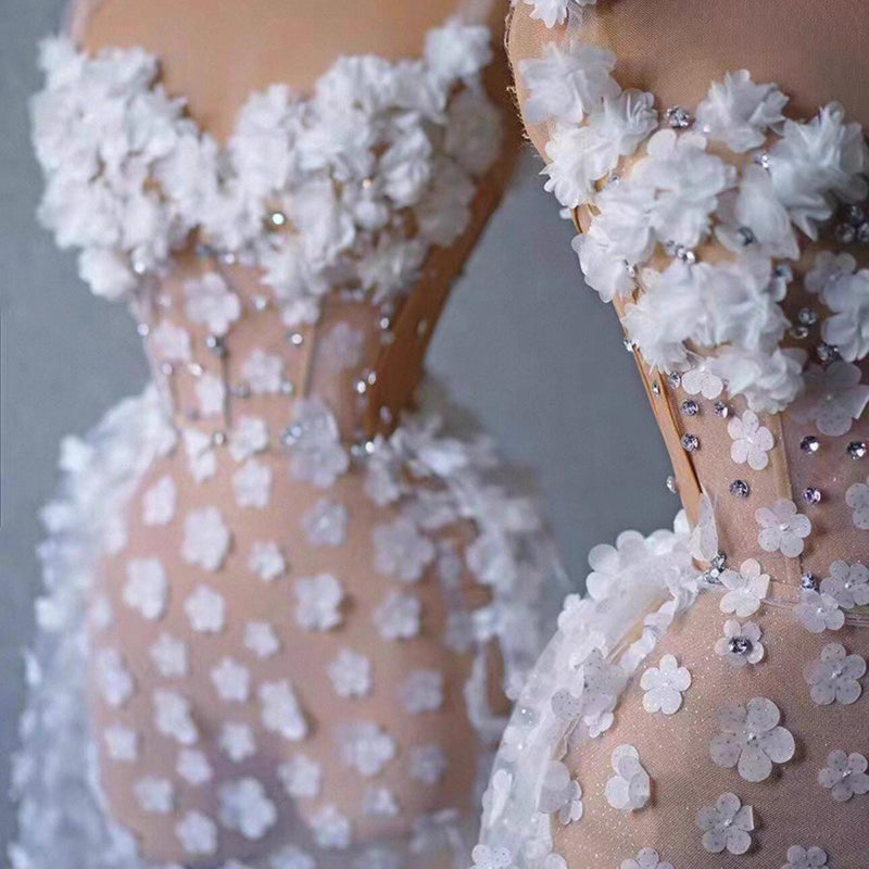 Handmade three-dimensional flower mesh white long dress for brides