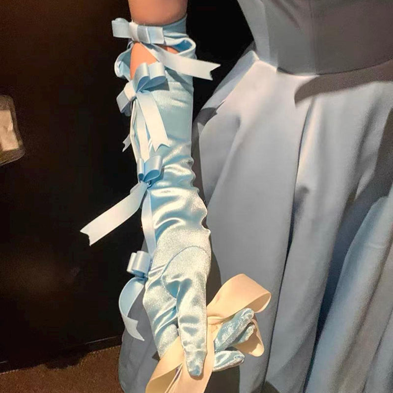 Sexy Vintage Court-Style Satin Long Gloves — Light Blue with Bow Accent (Bridal/Courtly Style)