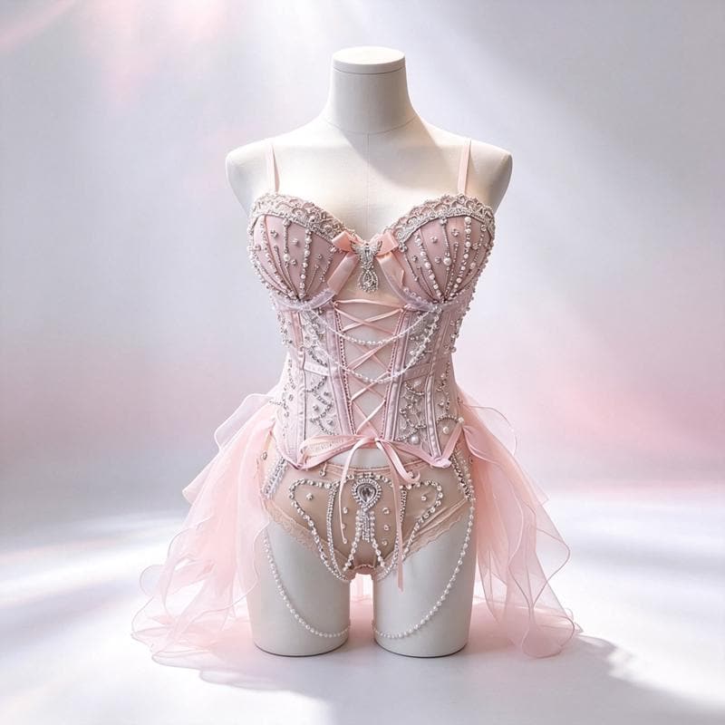Custom Ballet Girl Rave Outfit – Pearl Embellished Lingerie, Hand-Stitched Rave Wear