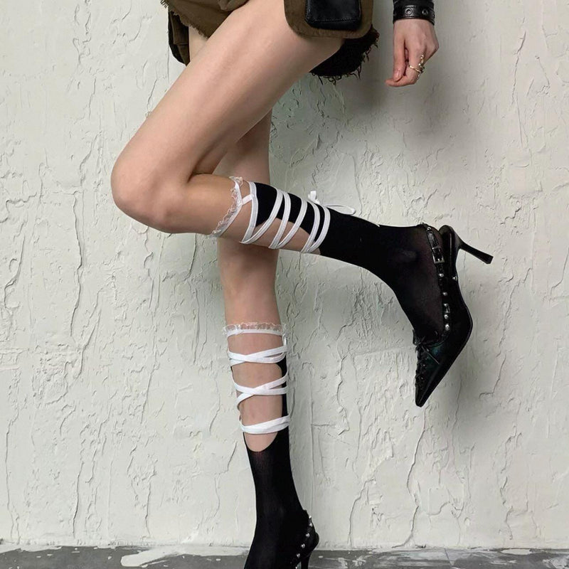 American lace border strap calf socks