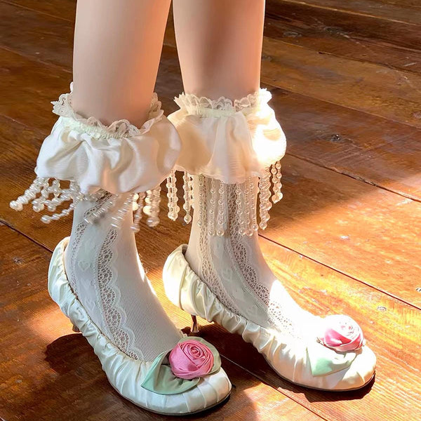 Small niche design, white lace pile socks, women's Japanese pearl tassel lace mid tube socks, Lolita