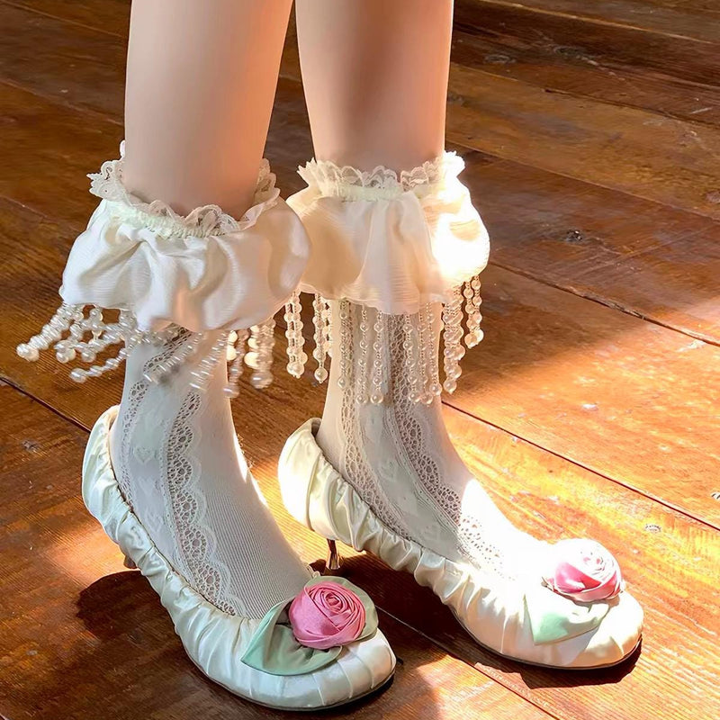 Small niche design, white lace pile socks, women's Japanese pearl tassel lace mid tube socks, Lolita