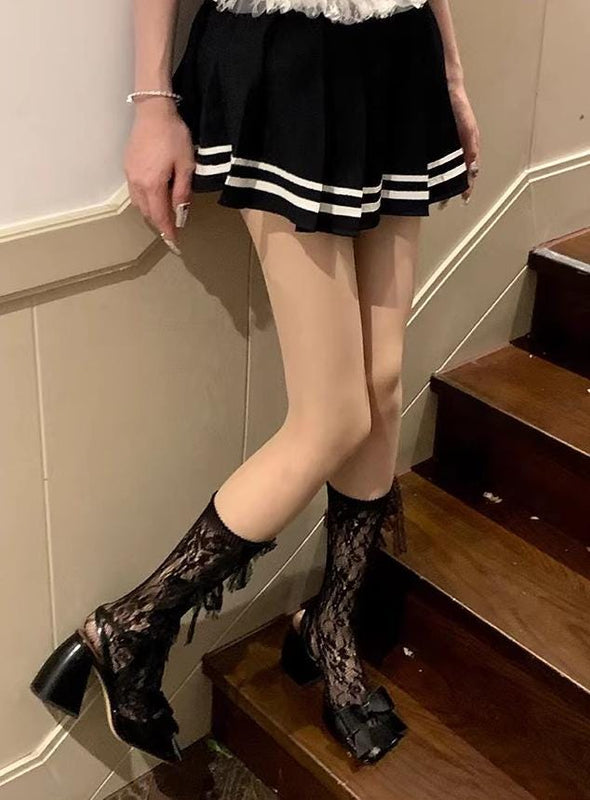 Original design butterfly bow mesh stockings for women, pure and sweet Lolita style, hollow lace mid-calf socks.Gift
