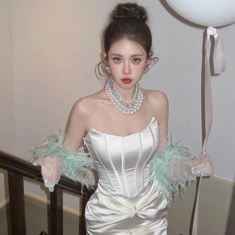Feather Tassel Gauze Gloves, Ethereal Bridal Styling Accessory