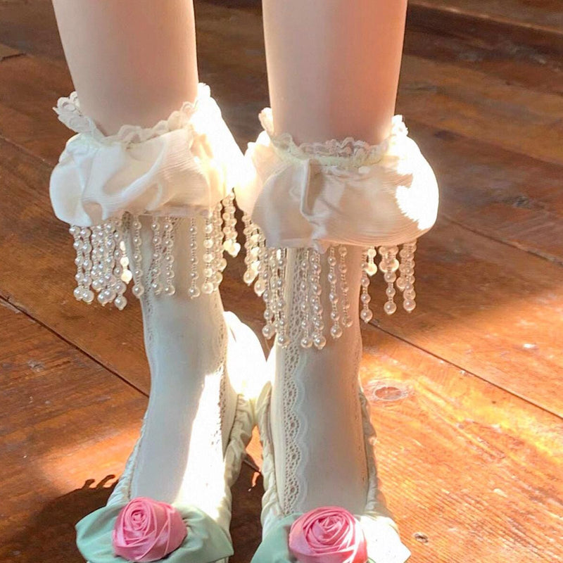 Small niche design, white lace pile socks, women's Japanese pearl tassel lace mid tube socks, Lolita