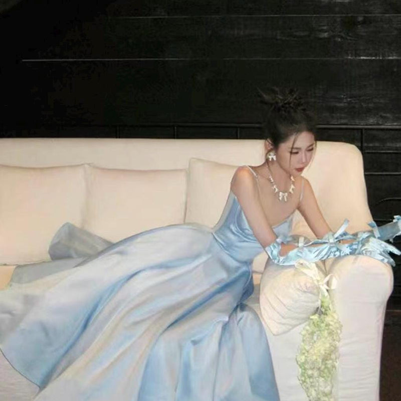 Sexy Vintage Court-Style Satin Long Gloves — Light Blue with Bow Accent (Bridal/Courtly Style)
