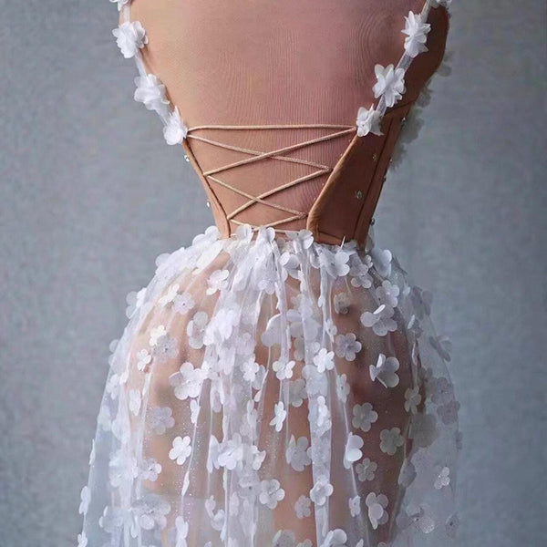 Handmade three-dimensional flower mesh white long dress for brides