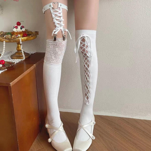 New Arrival: Women's Mid-Calf to Over-the-Knee Socks — Ballet-Style Straps & Lace Splicing, Girly Lolita 