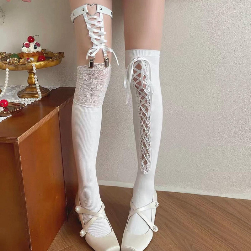 New Arrival: Women's Mid-Calf to Over-the-Knee Socks — Ballet-Style Straps & Lace Splicing, Girly Lolita 