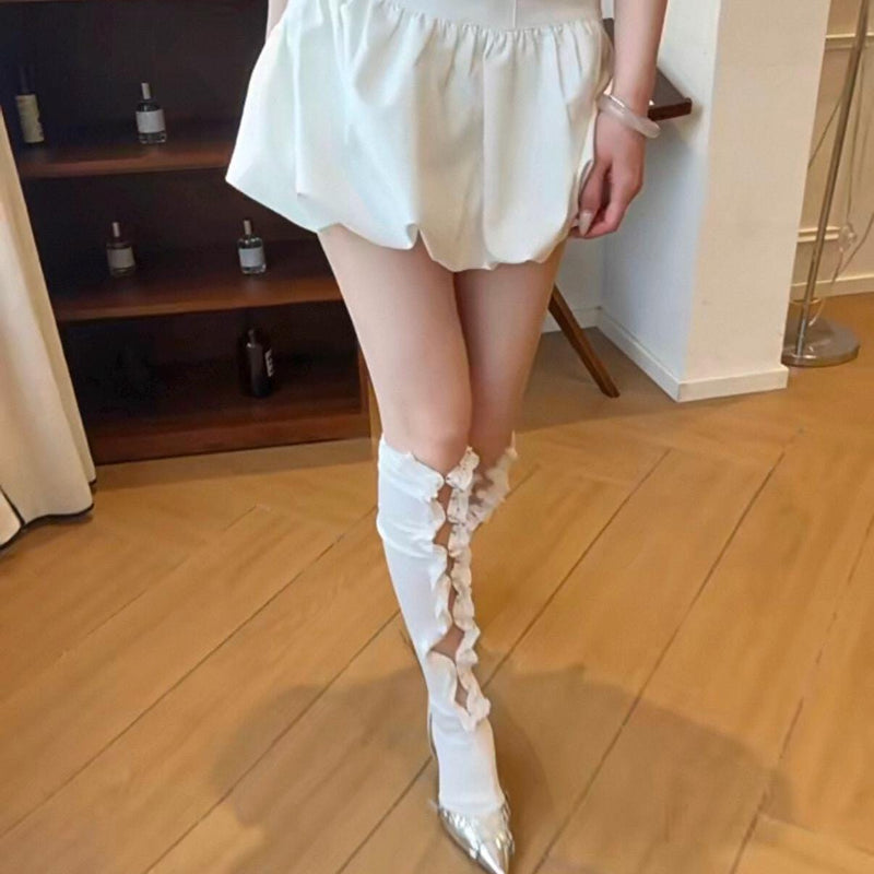 Dark Gothic-style subculture mid-calf/knee-high socks with button details and lace trim (Instagram-style)