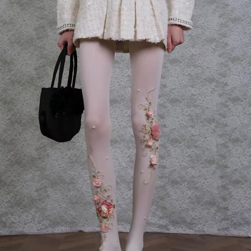 3D Flower Pearl Design Tights