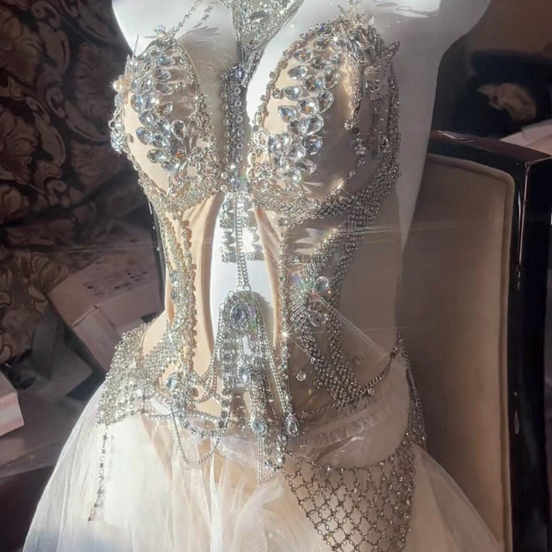 Hand-Sewn Diamond Performance Dress: European Style Rhinestone Bodice