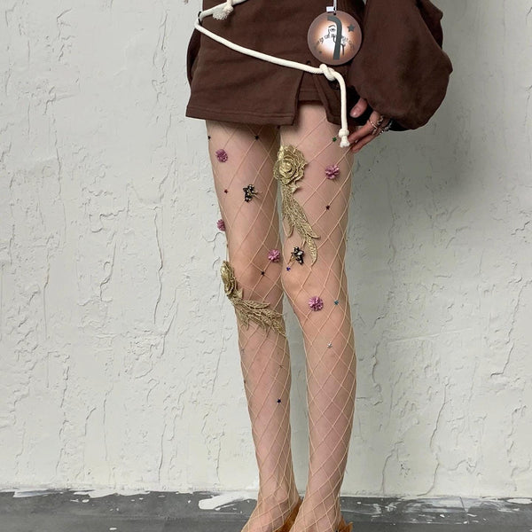 3D Floral Fishnet Stockings, Pearl Embellished Pantyhose