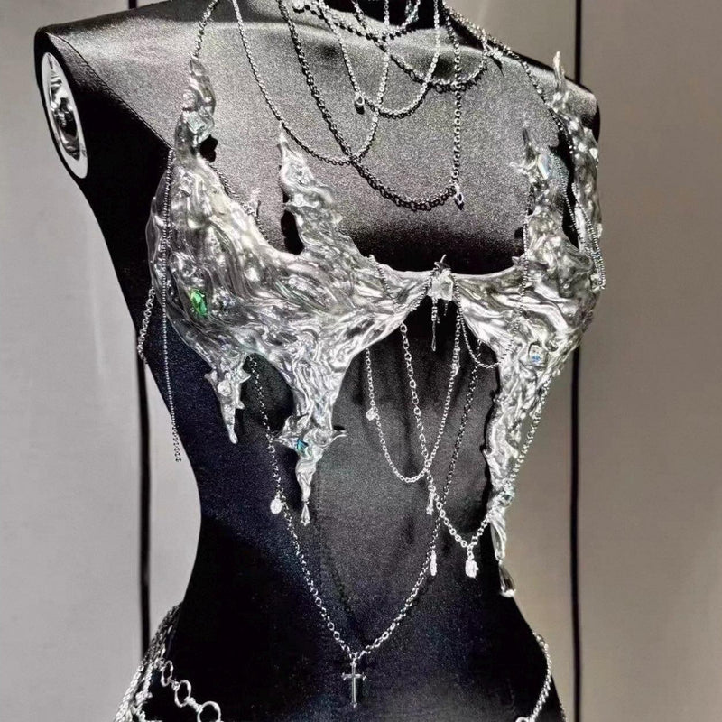 Tech-inspired silver stage costume top, girl group DJ vest, handmade clothing gift