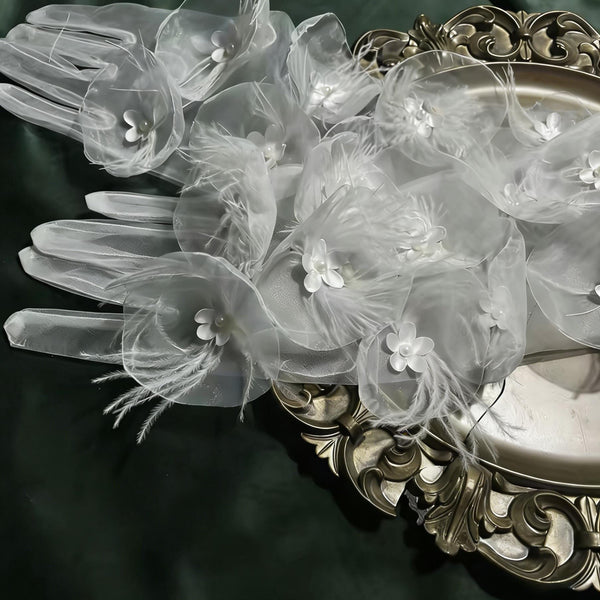Bridal Party Elegant 3D Floral, Feather, and Mesh Gloves