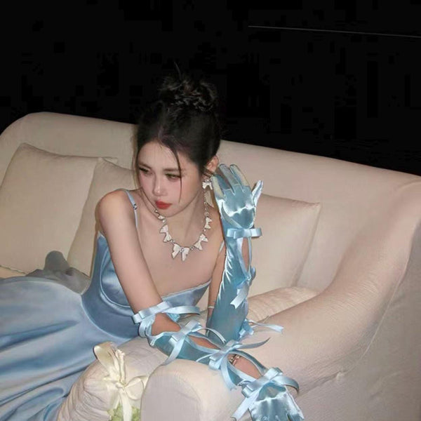 Sexy Vintage Court-Style Satin Long Gloves — Light Blue with Bow Accent (Bridal/Courtly Style)