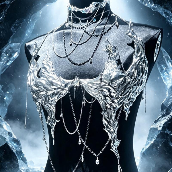 Tech-inspired silver stage costume top, girl group DJ vest, handmade clothing gift