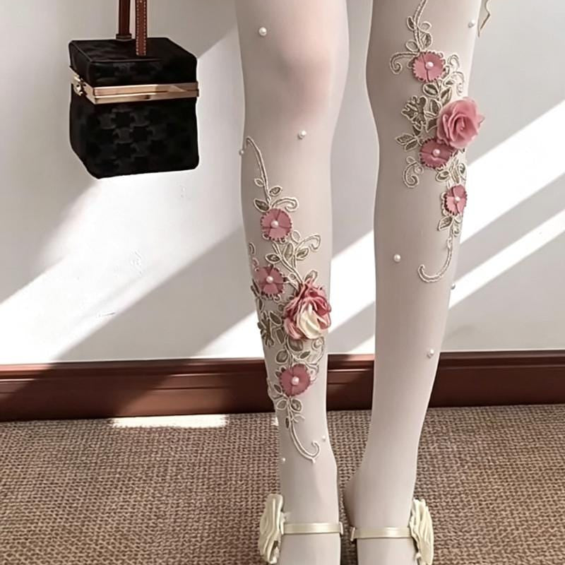 3D Flower Pearl Design Tights