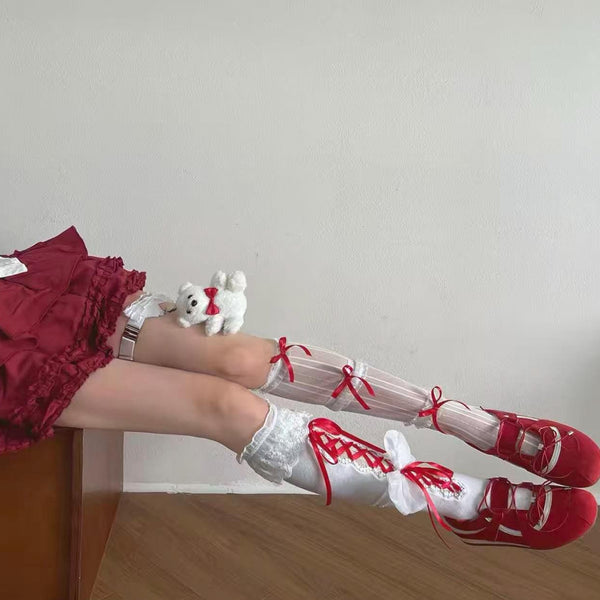 Christmas Outfit: Girly Red Lace Mid-Calf Scrunch Socks with Ribbon Bows