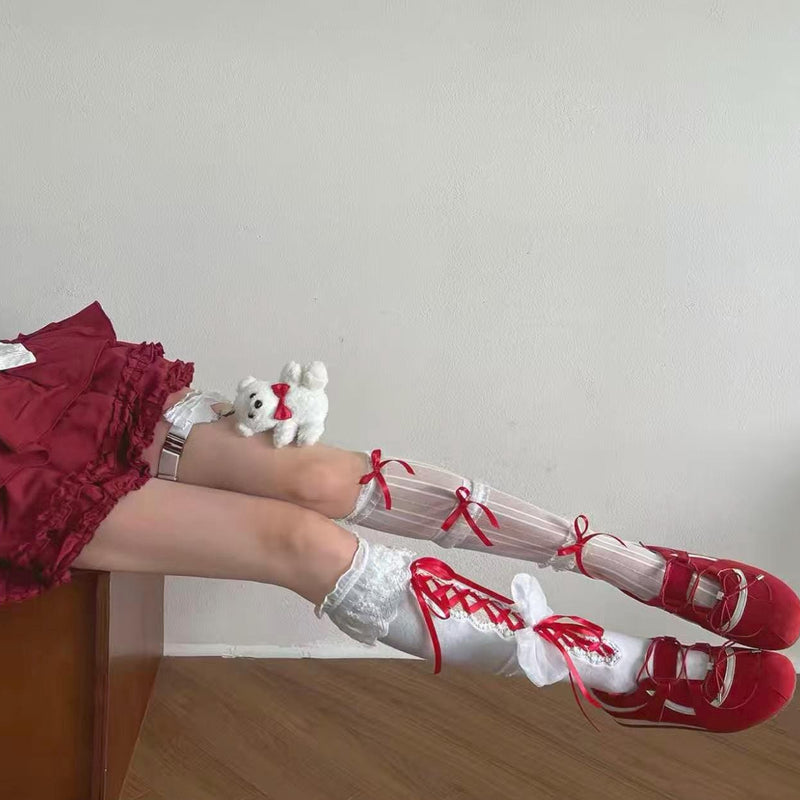 Christmas Outfit: Girly Red Lace Mid-Calf Scrunch Socks with Ribbon Bows