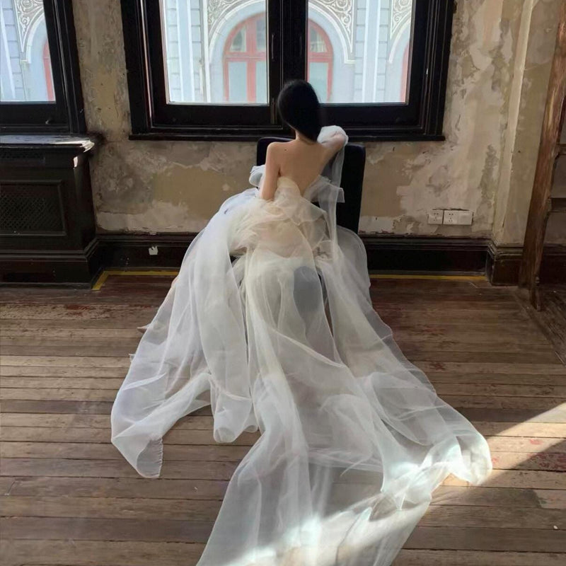High-fashion engagement/birthday gown featuring intricate pleating, sheer mesh, a sexy open back, and a high-slit maxi skirt.