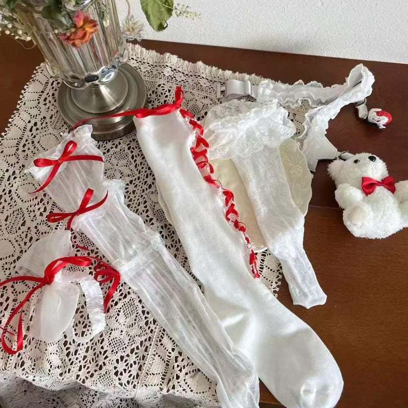 Christmas Outfit: Girly Red Lace Mid-Calf Scrunch Socks with Ribbon Bows
