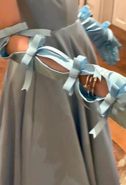 Sexy Vintage Court-Style Satin Long Gloves — Light Blue with Bow Accent (Bridal/Courtly Style)