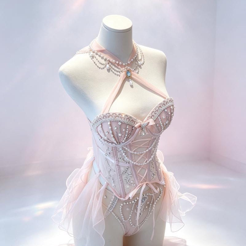 Custom Ballet Girl Rave Outfit – Pearl Embellished Lingerie, Hand-Stitched Rave Wear