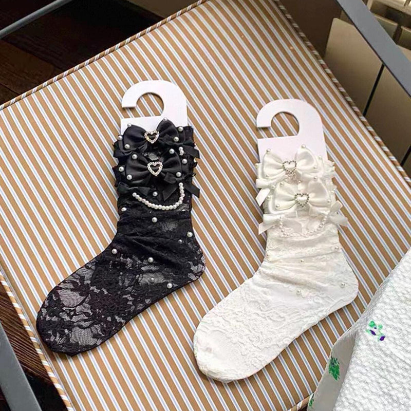 Lolita white mid-calf socks with lace and pearl pendants