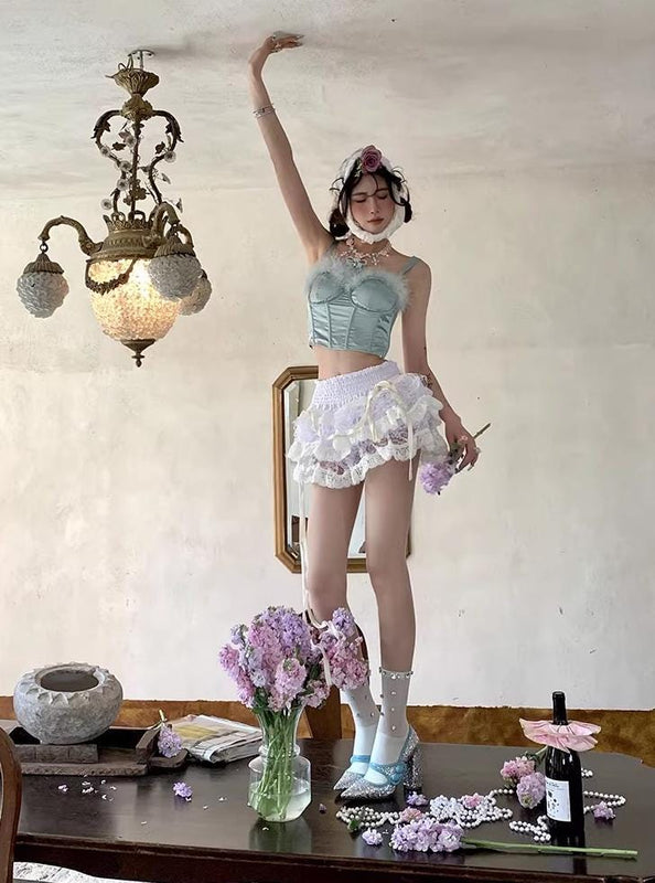 Handmade, original, luxurious, and exaggerated rhinestone-embellished sheer vertical-striped ballet calf-length socks.Retro gifts