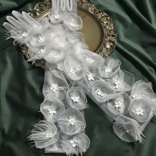 Bridal Party Elegant 3D Floral, Feather, and Mesh Gloves