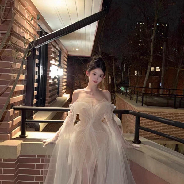 High-fashion engagement/birthday gown featuring intricate pleating, sheer mesh, a sexy open back, and a high-slit maxi skirt.