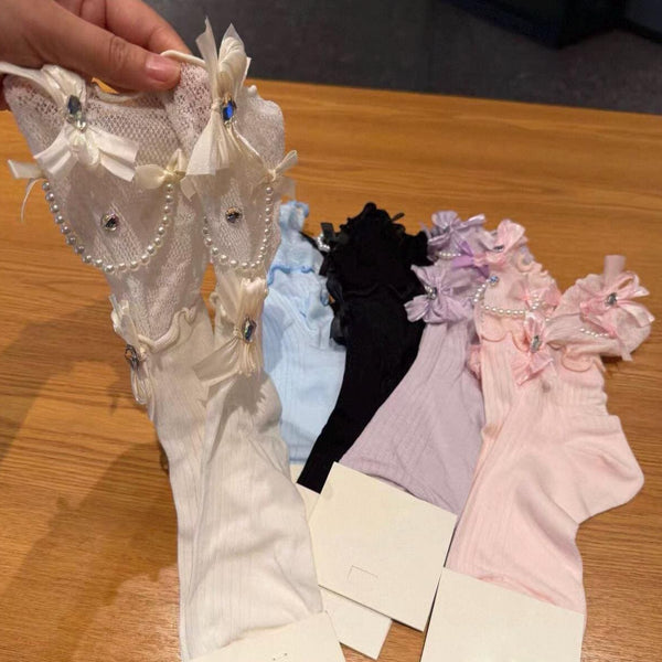 Retro Sweet Style Pearl Chain & Bow Mid-Calf Slouch Socks