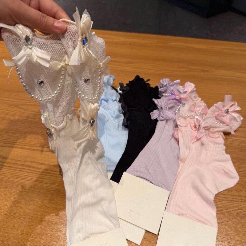 Retro Sweet Style Pearl Chain & Bow Mid-Calf Slouch Socks