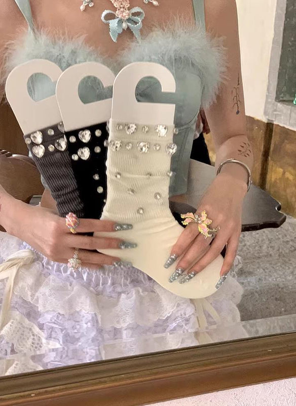 Handmade, original, luxurious, and exaggerated rhinestone-embellished sheer vertical-striped ballet calf-length socks.Retro gifts