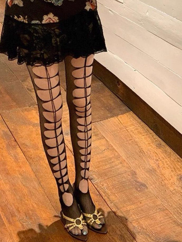 Women's Black Cut-Out Fishnet Tights (Y2K Style)