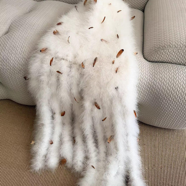 Ostrich Feather Scarf – Plush Winter Shawl with Tassels (Hand-stitched)